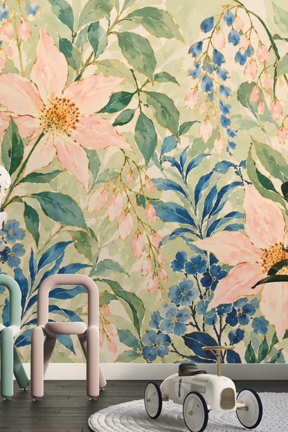 Soft pink flower petals surrounded by blue floral clusters and verdant leaves