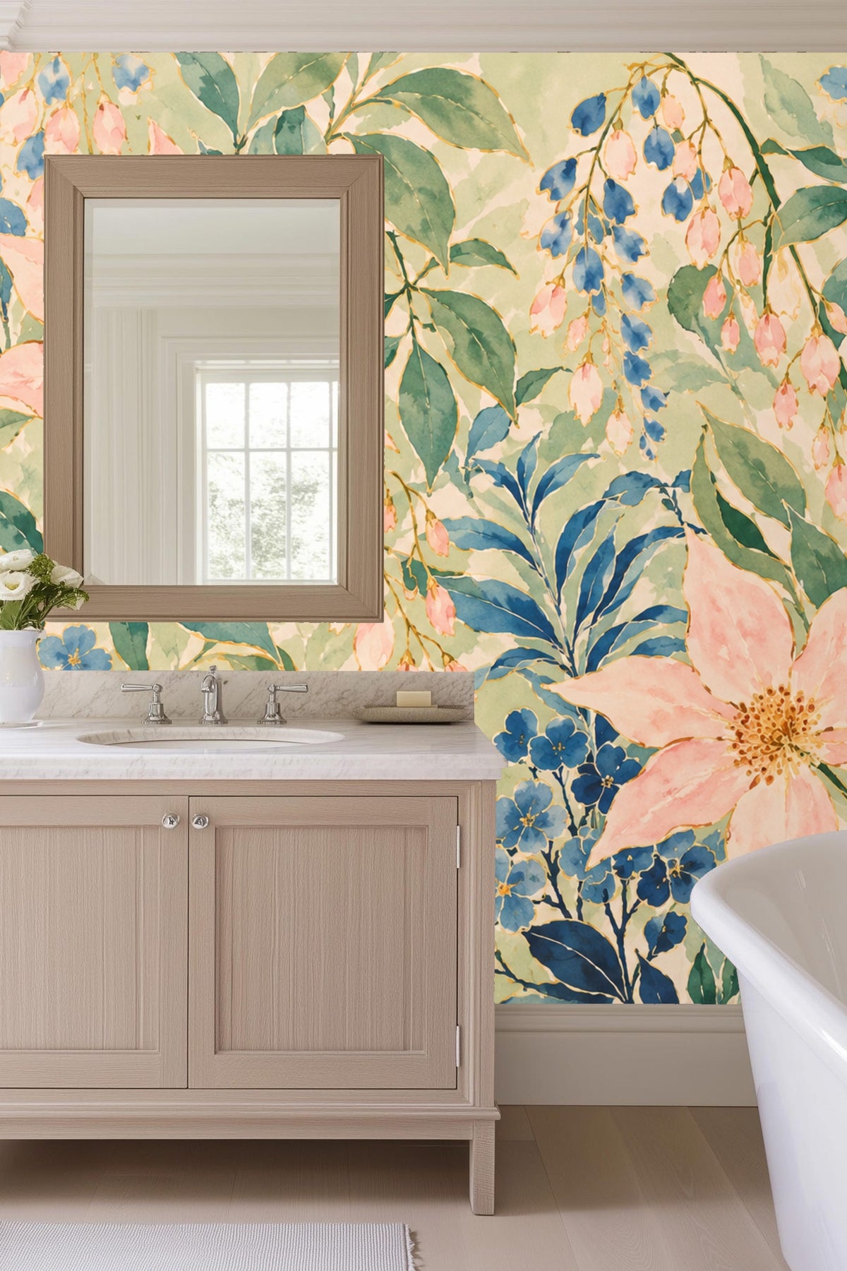 Watercolor leaves and floral branches creating a lush garden effect