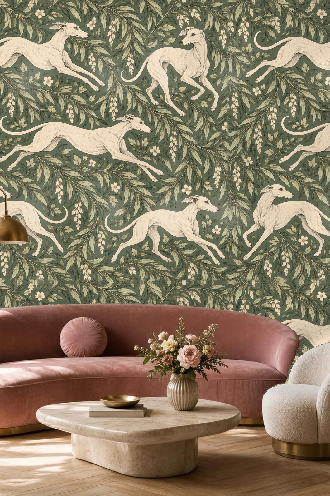 Living room wall with Whippet Holly Garland wallpaper behind golden retriever on beige dog bed.
