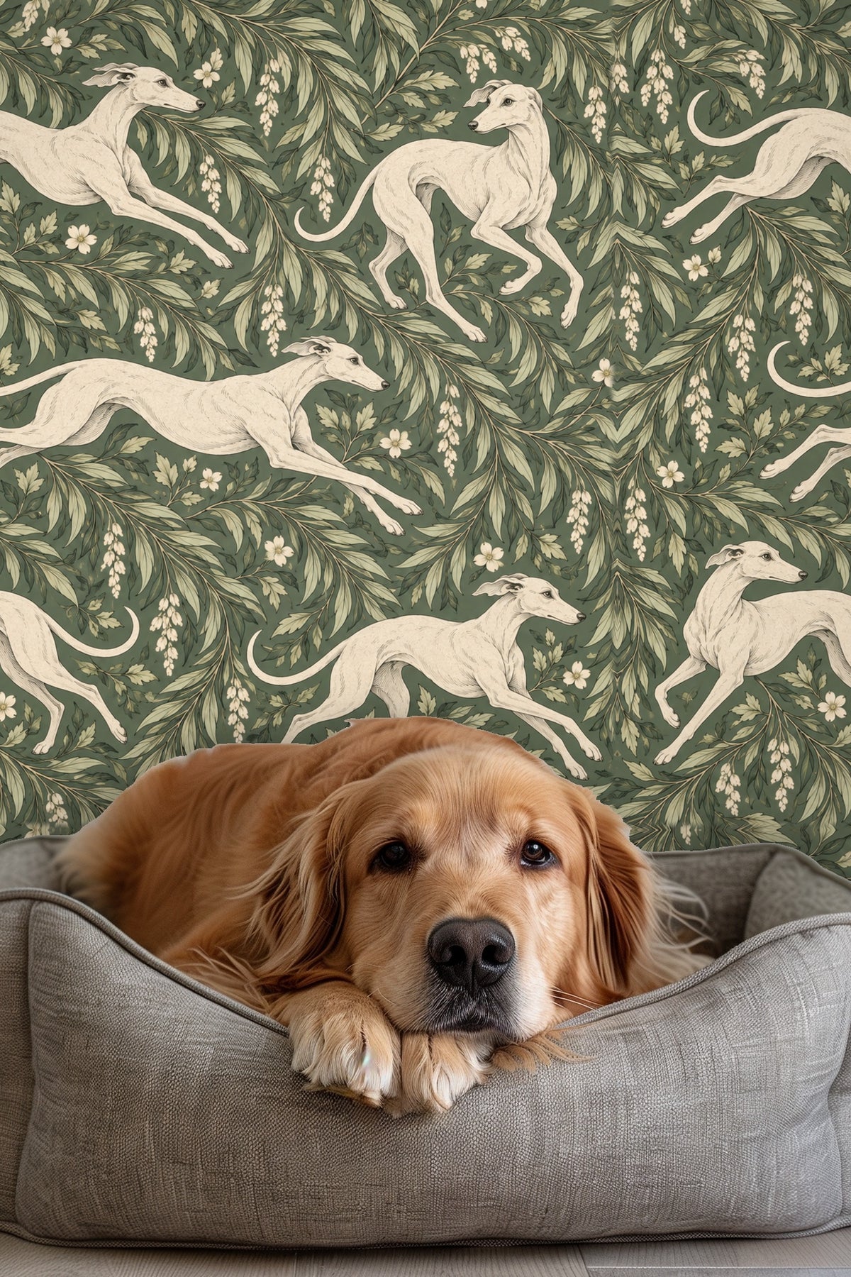 Illustration of ivory whippets running through holly branches on moss-green background.