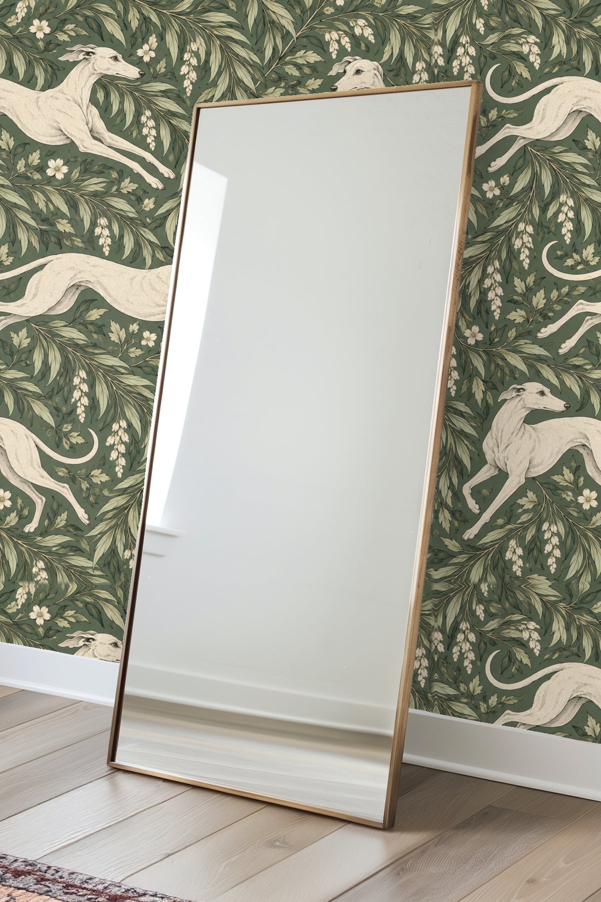 Pattern repeat of leaping whippets interwoven with holly leaves on wallpaper.