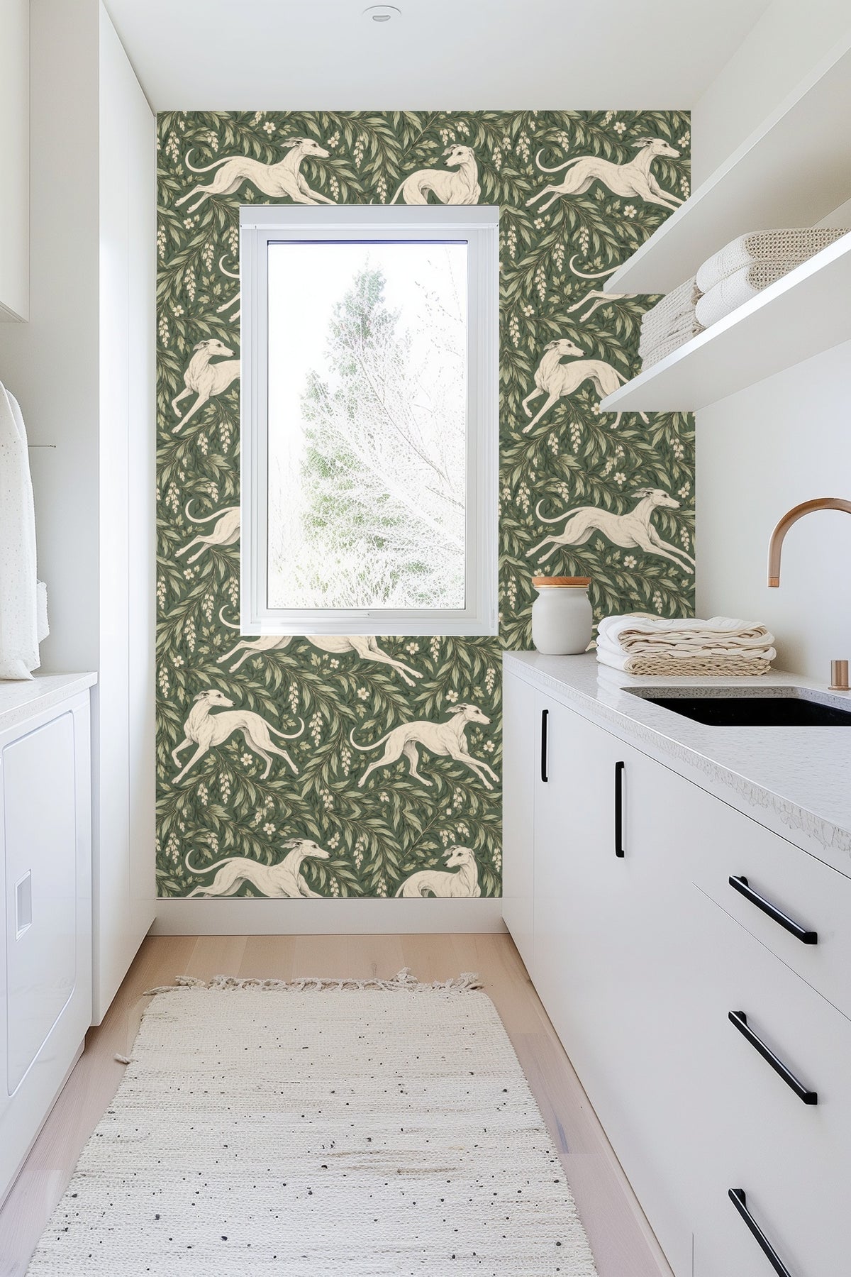 Close-up of detailed leaves and small white flowers around white whippets on green wallpaper.