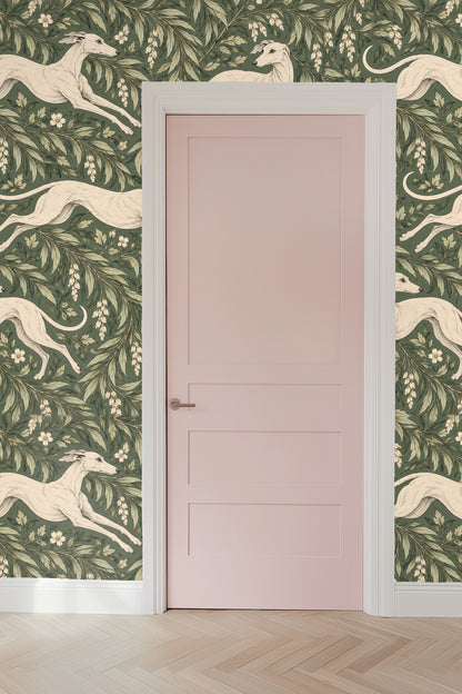 Artistic rendering of whippets in different poses among botanical elements.