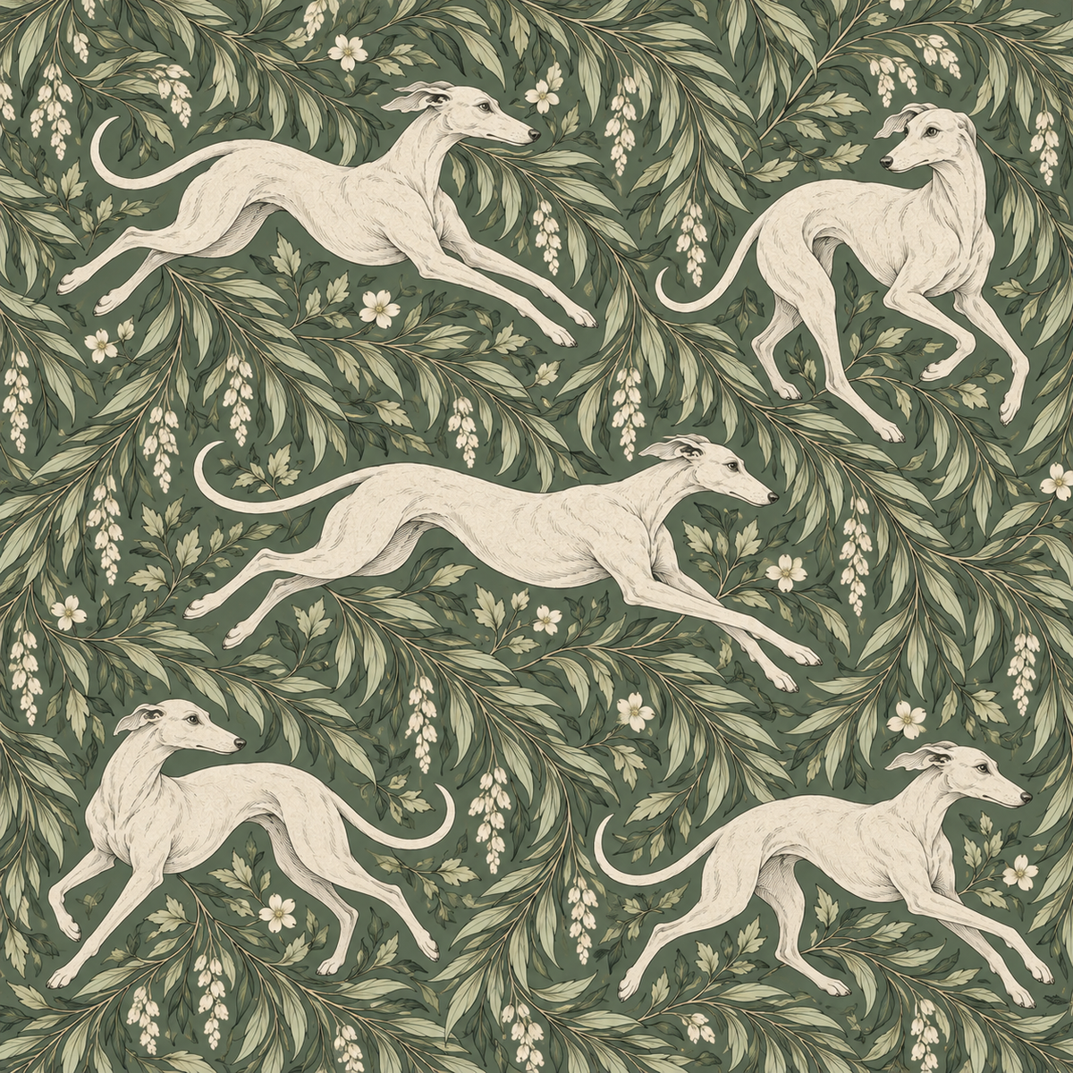 Wallpaper detail highlighting the contrast of white dogs and dark green leaves.