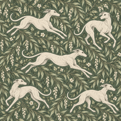 Wallpaper detail highlighting the contrast of white dogs and dark green leaves.