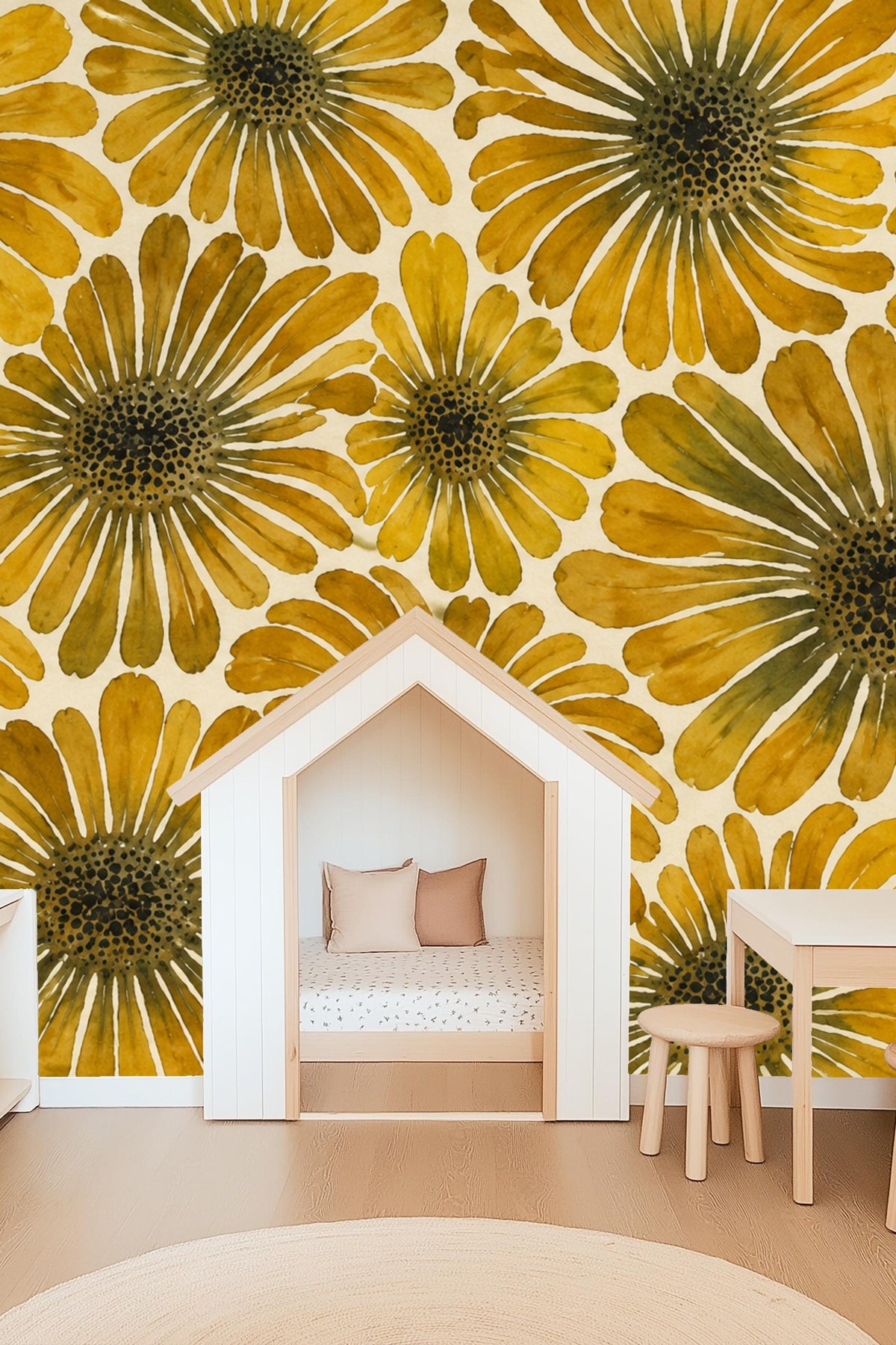 Detail of wallpaper flower centers showing textured brown and black dots resembling daisy pollen