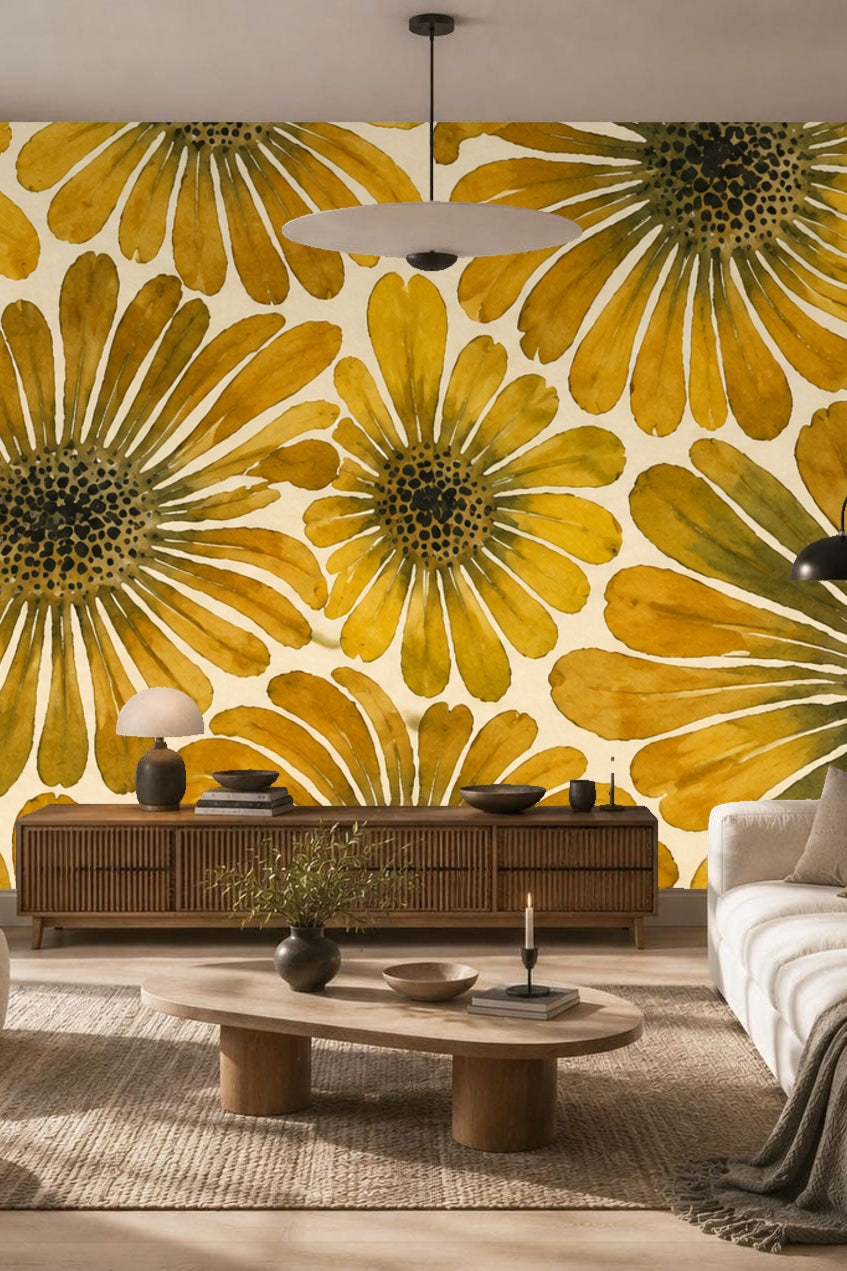 Living space corner with floral wallpaper accent wall, neutral wood furniture, and soft lighting
