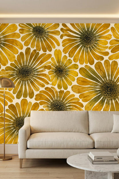 Bedroom interior featuring large-scale ochre daisy wallpaper behind a wooden bench and neutral bedding