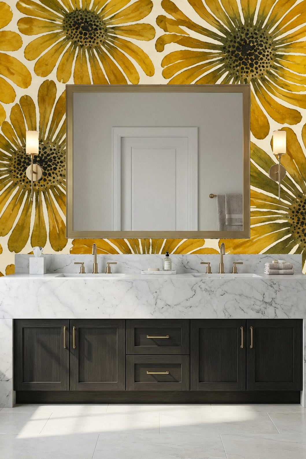 Close-up texture of wallpaper paper surface enhancing the watercolored floral design