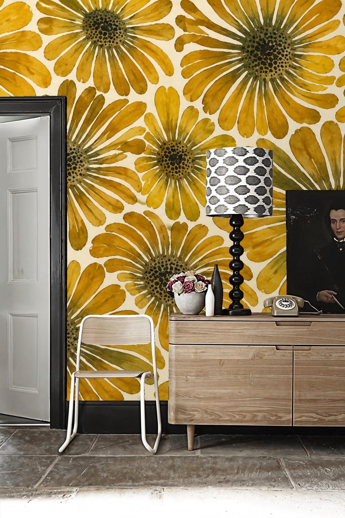 Full wall in living room covered with bright yellow daisy wallpaper making a bold statement