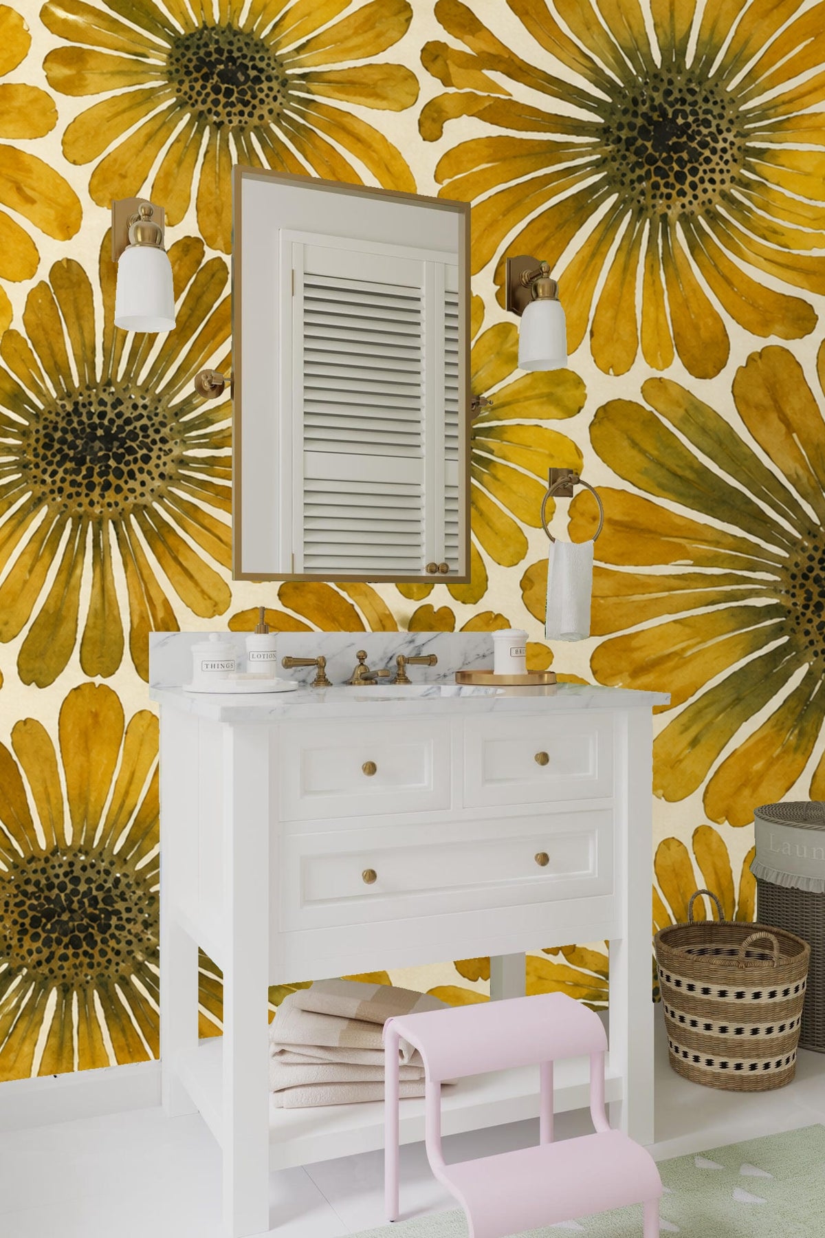 Wall section displaying detailed floral watercolor artwork with varying petal shapes in yellow and ochre hues