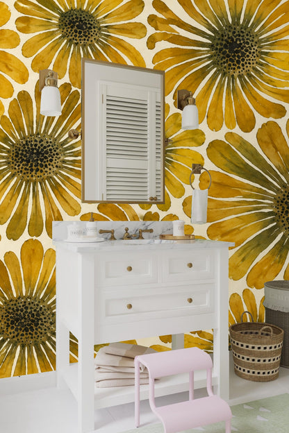 Wall section displaying detailed floral watercolor artwork with varying petal shapes in yellow and ochre hues