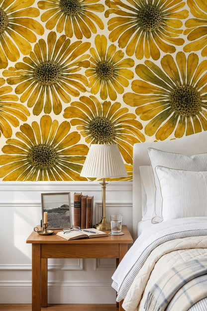 Pattern repeat detail showing organic edges and varied flower sizes in warm yellows
