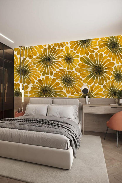 Side view of wallpaper showcasing organic flower motifs overlapping in warm yellow shades