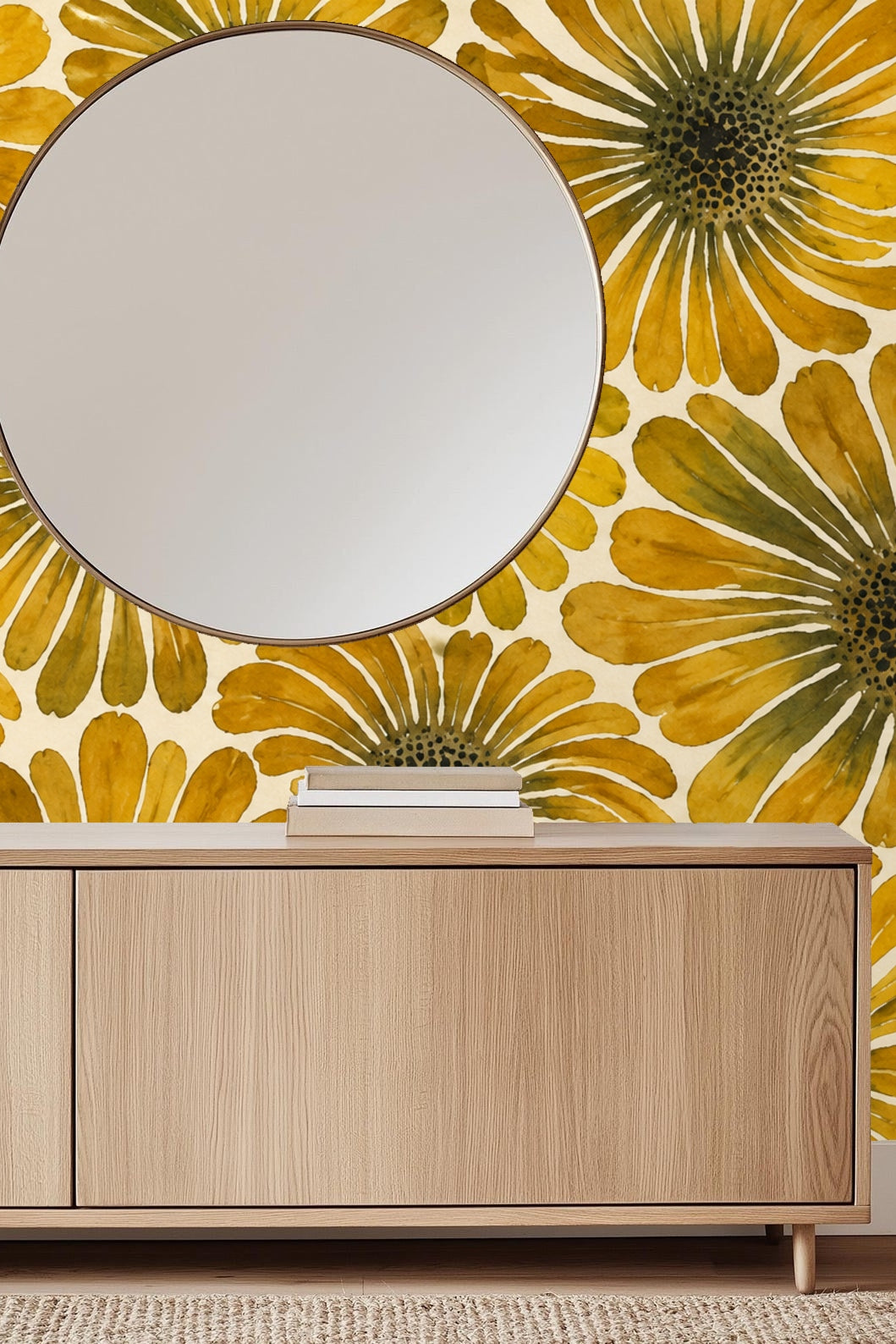 Living room with cream sofa and brass floor lamp against bold watercolor daisy wallpaper in ochre and yellow tones