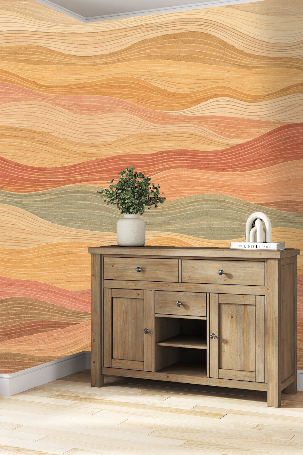 Abstract wallpaper with flowing multicolored horizontal bands in muted earth tones