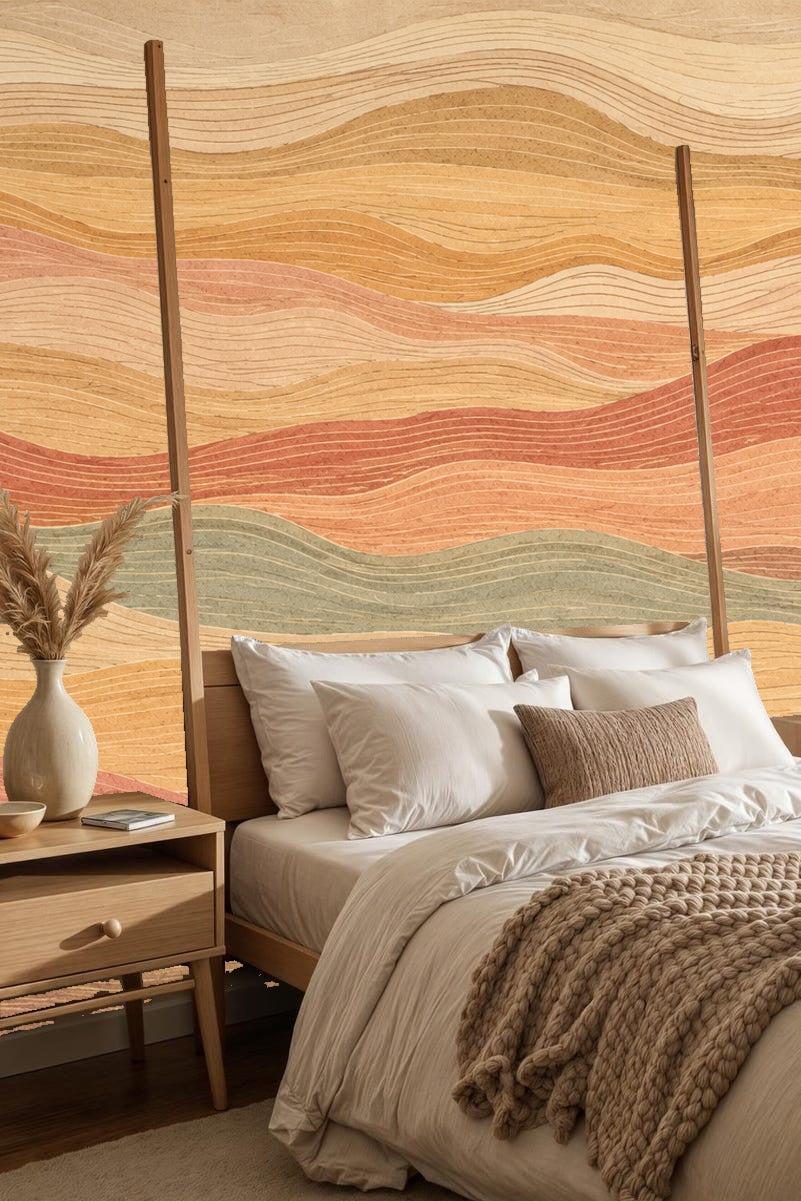 Bedroom with minimalist wooden bed and nightstand, wallpaper with warm terracotta and ochre layered waves