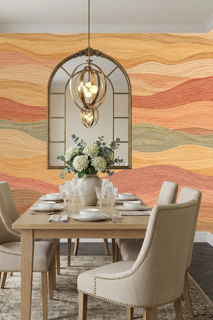 Horizontal wavy bands wallpaper in muted terracotta, ochre, and green