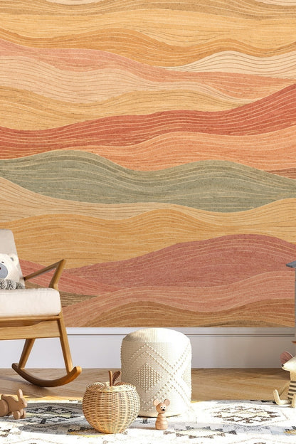 Playroom corner with rocking chair and woven pouf, wallpaper showcasing soft flowing stripes in earth tones