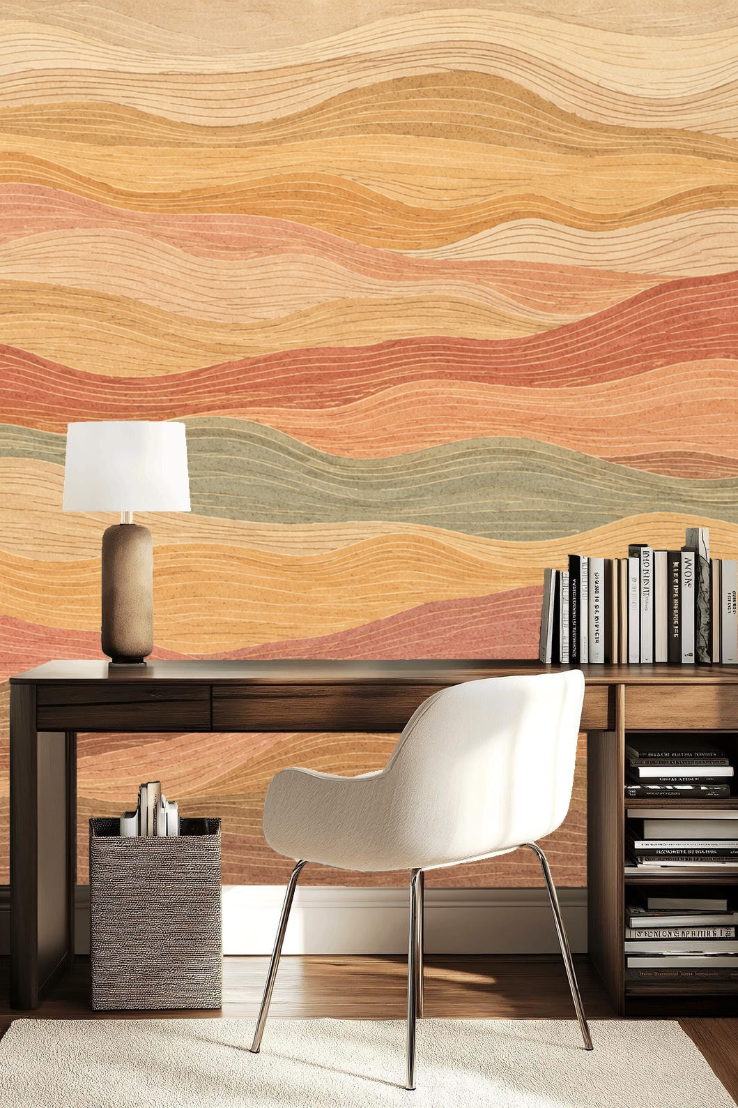 Side view of bedroom with natural wood furniture and layered earthen waves wallpaper