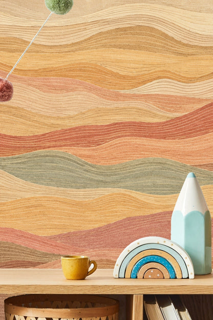 Textural detail of dusty rose and ochre striped wallpaper