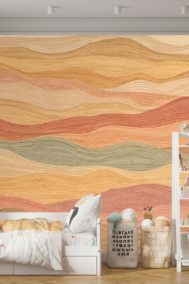 Muted green and blush horizontal layered bands wallpaper detail
