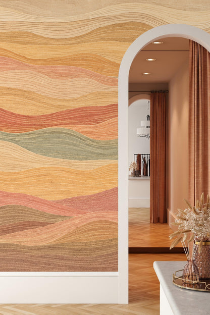 Child's room with earth tone wallpaper and wooden rocking chair
