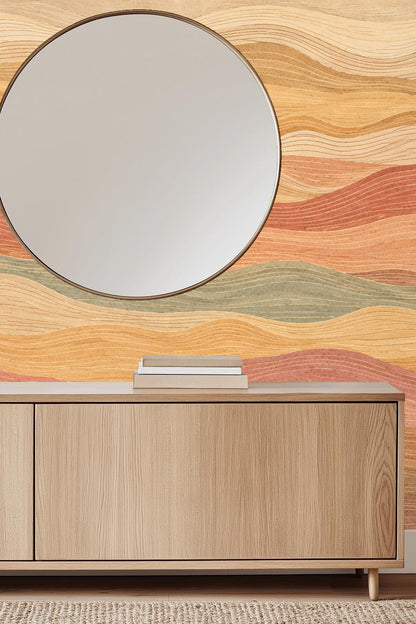 Natural wood bed frame against warm wave pattern wallpaper