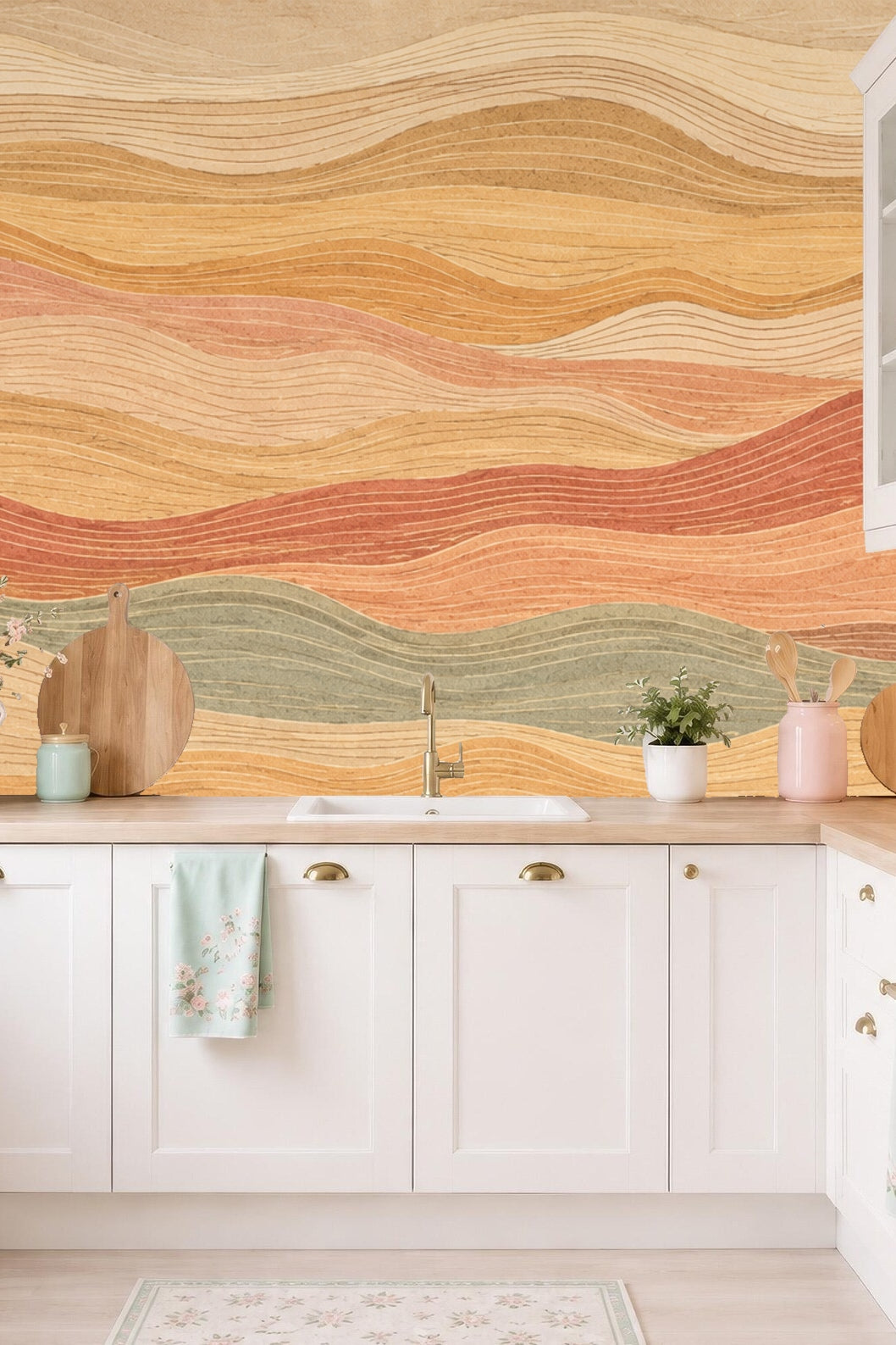 Pattern repeat of flowing layered stripes in soft orange and green tones