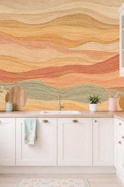 Pattern repeat of flowing layered stripes in soft orange and green tones
