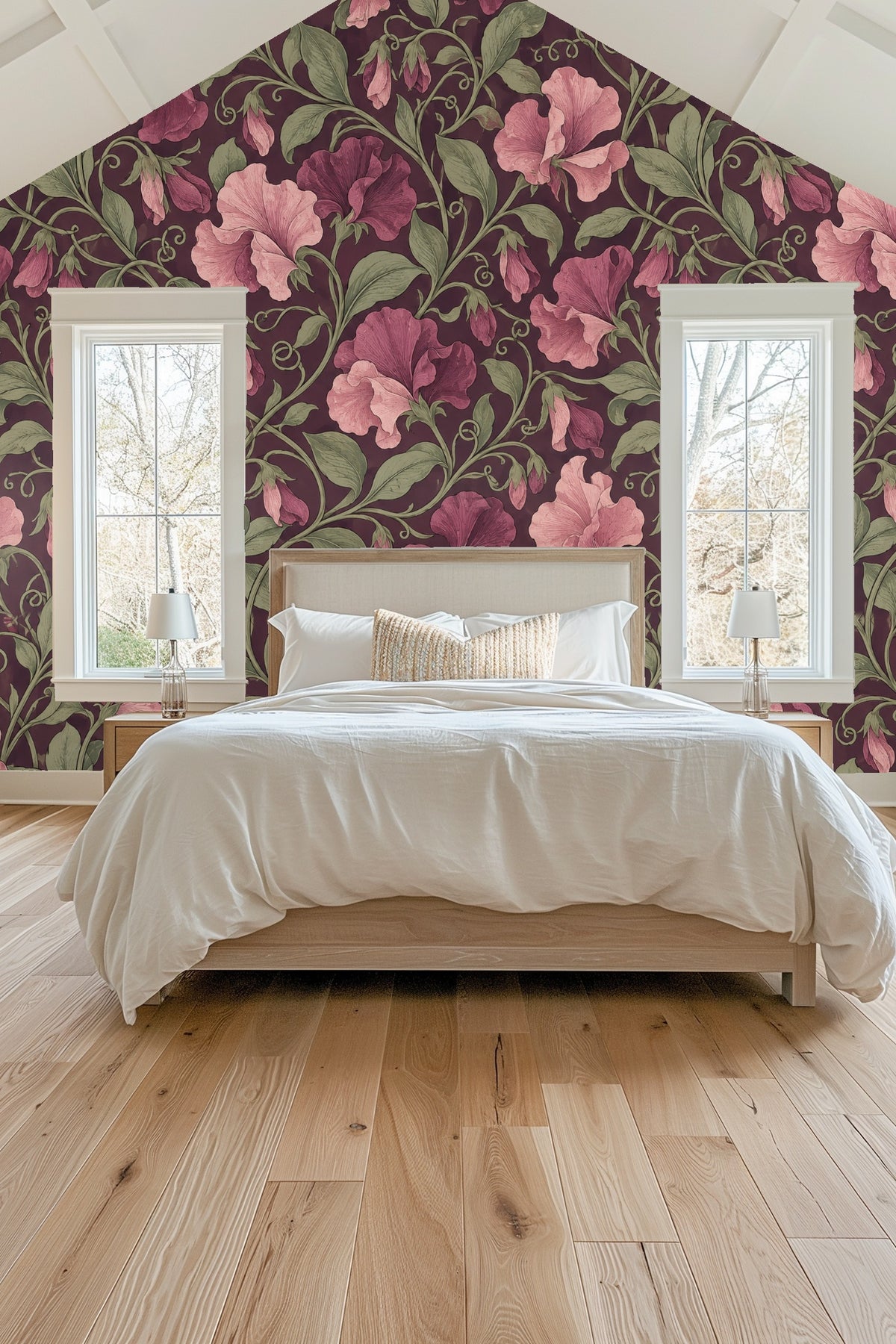 Living room with bold dusty pink sweet pea floral wallpaper behind orange velvet sofa and mid-century decor