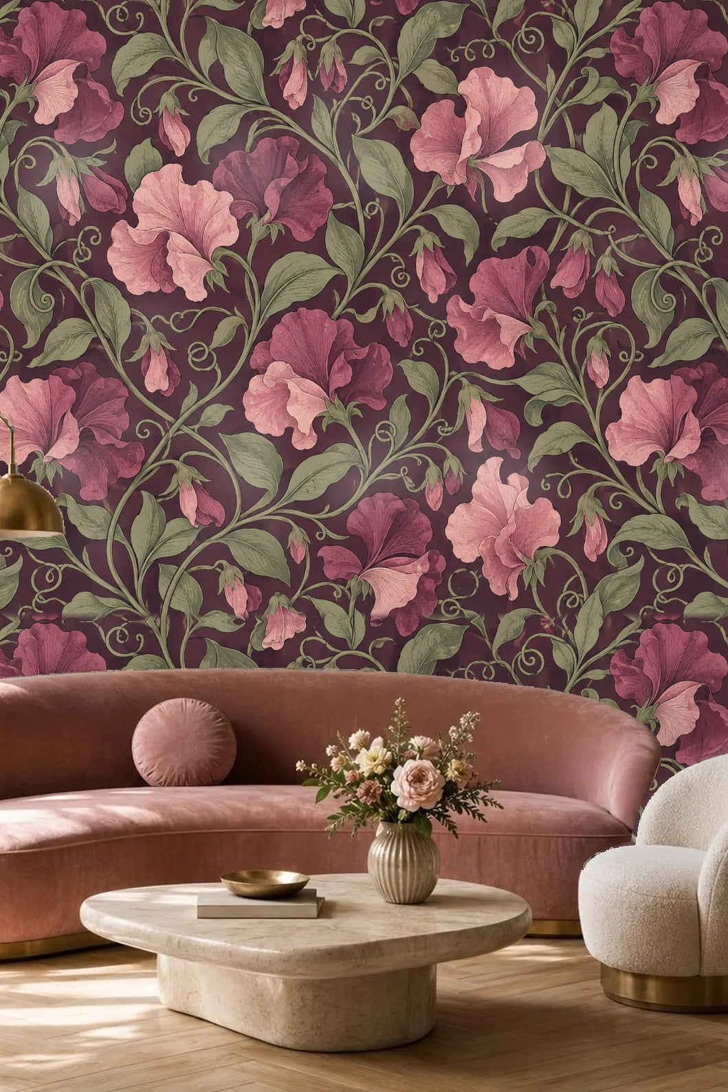 Shaded shadows highlighting the raised nature of the floral pattern on plum background wallpaper