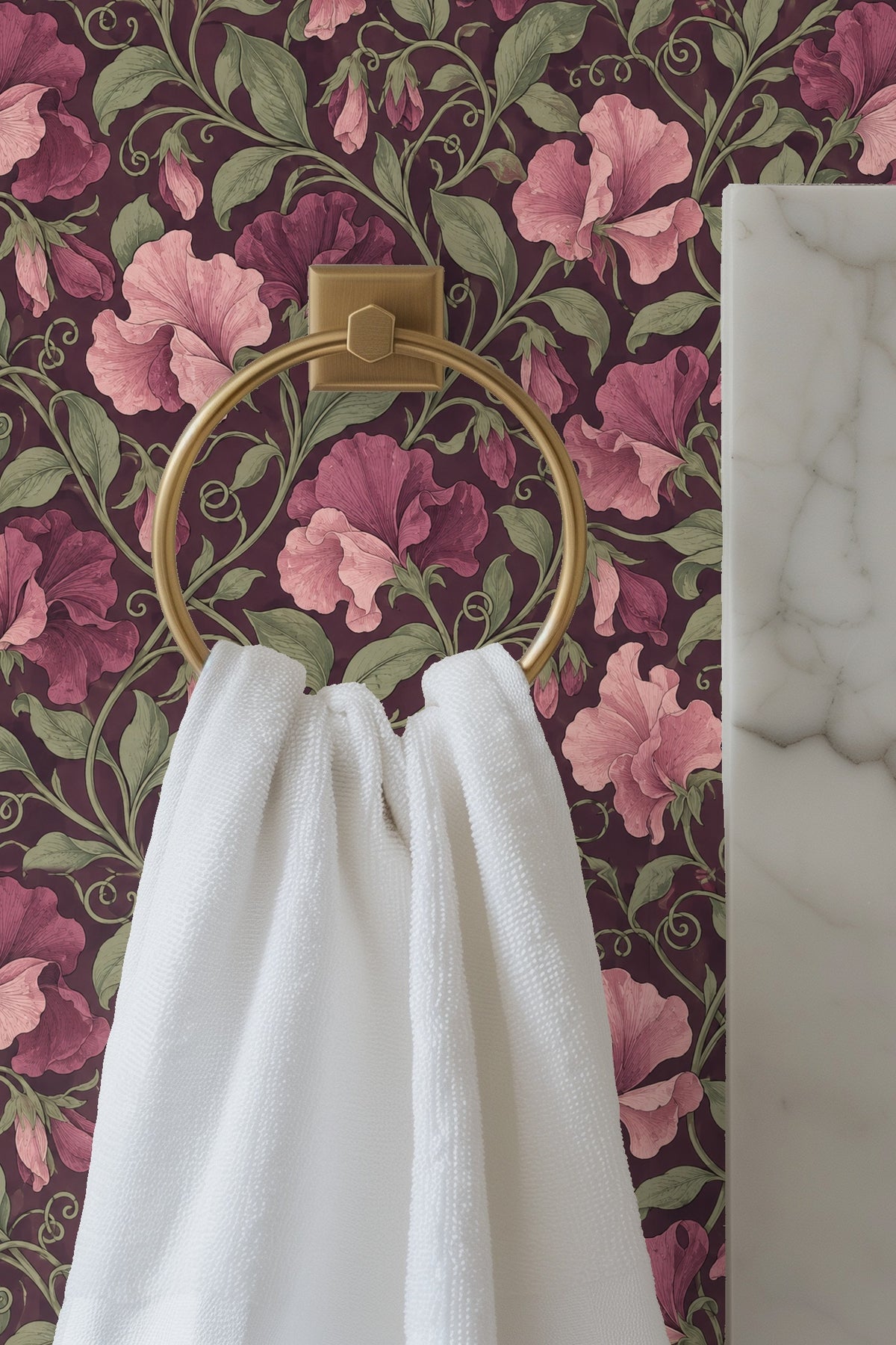 Subtle tonal variations of pink and purple flowers on botanical themed wallpaper