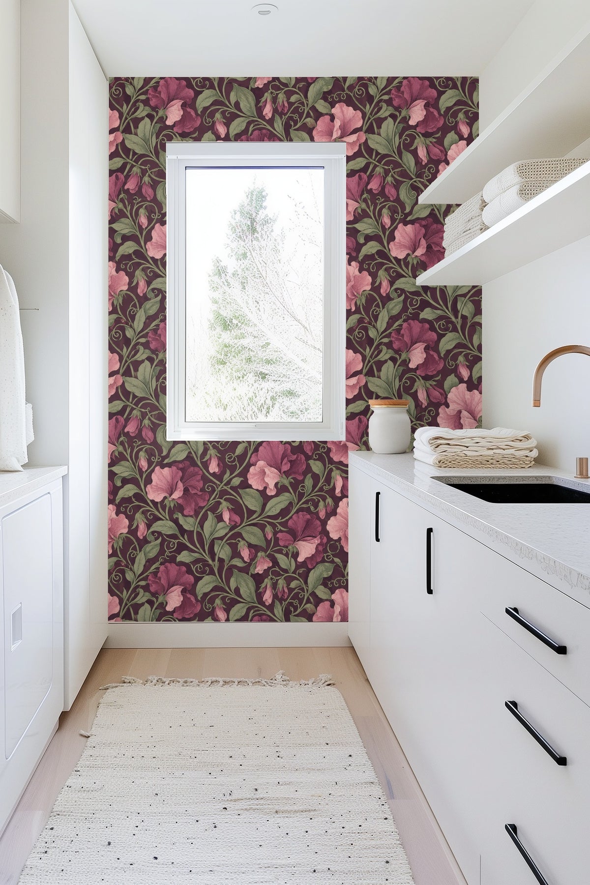 Sweet pea floral wallpaper with dusty pink and muted purple blossoms on deep plum background