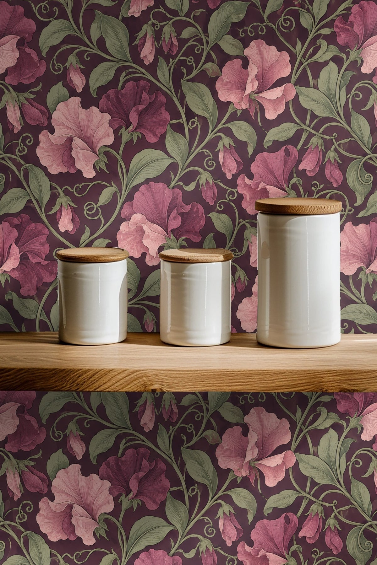 Mid-century modern living room featuring plum wallpaper with large sweet pea flower motifs