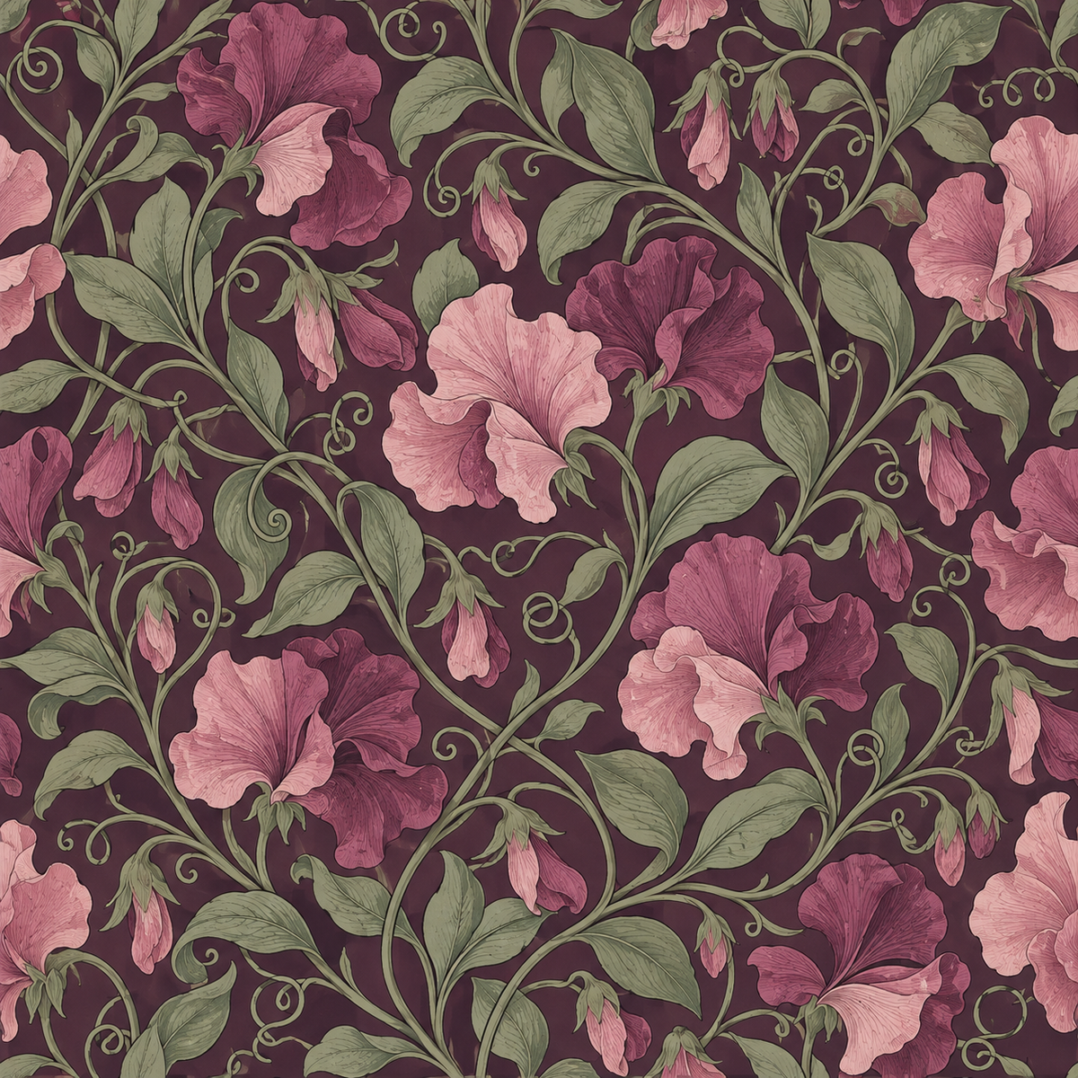 Hand-drawn style sweet pea flowers clustered on deep plum colored wallpaper