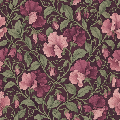 Hand-drawn style sweet pea flowers clustered on deep plum colored wallpaper