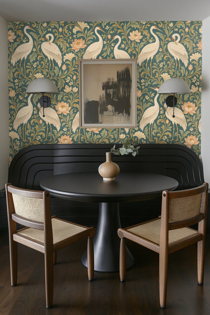 Paper pattern inspired by vintage tapestries with standing cranes and lotus flowers