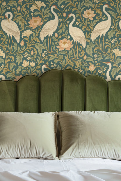 Detailed view of wallpaper featuring ivory cranes and lotus blossoms on teal background