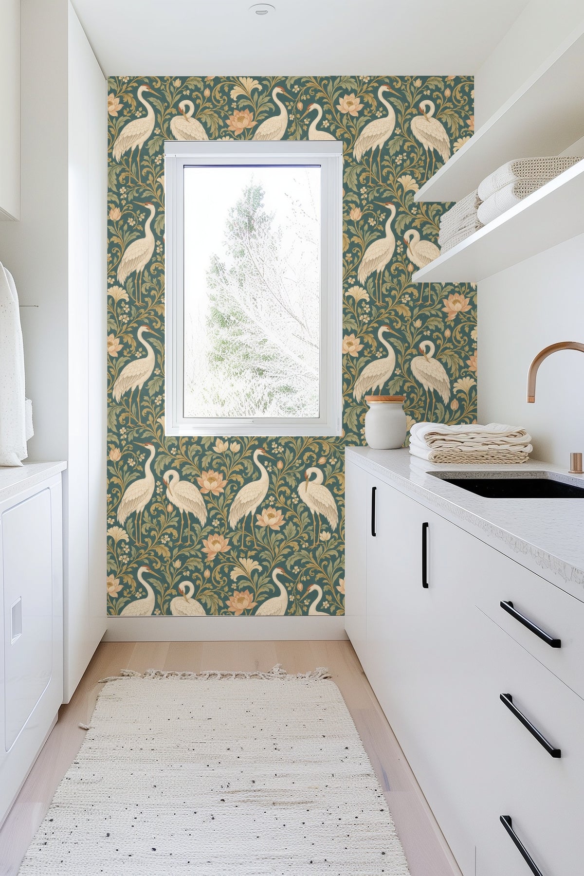 Entryway detail with wood shelf, beige throw, and crane-patterned wallpaper