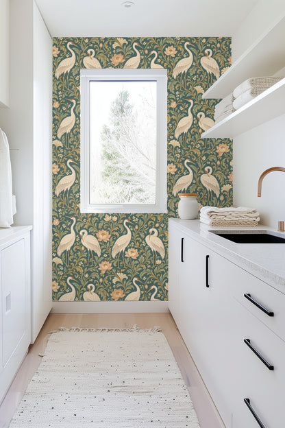 Entryway detail with wood shelf, beige throw, and crane-patterned wallpaper