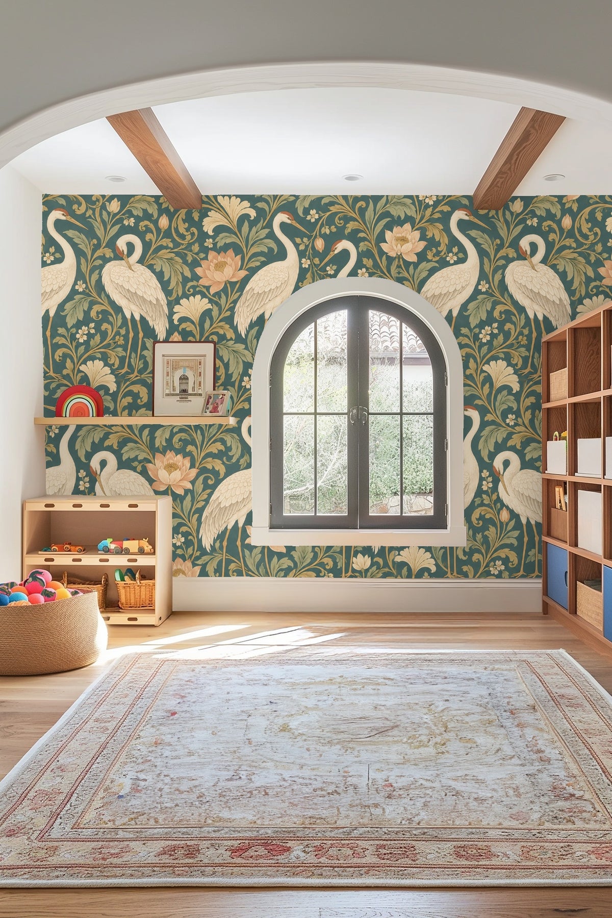Wallpaper pattern showing elegant cranes preening and standing amid soft peach flowers