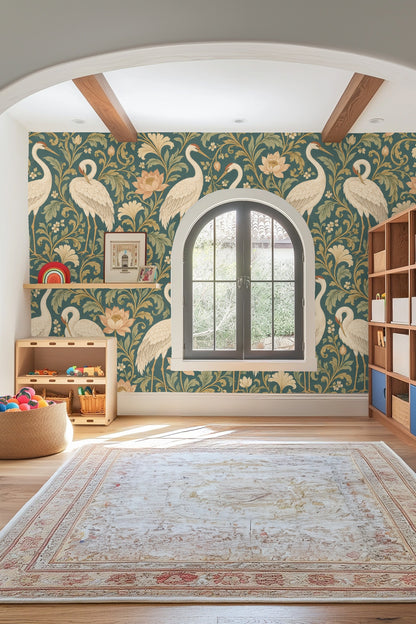 Wallpaper pattern showing elegant cranes preening and standing amid soft peach flowers