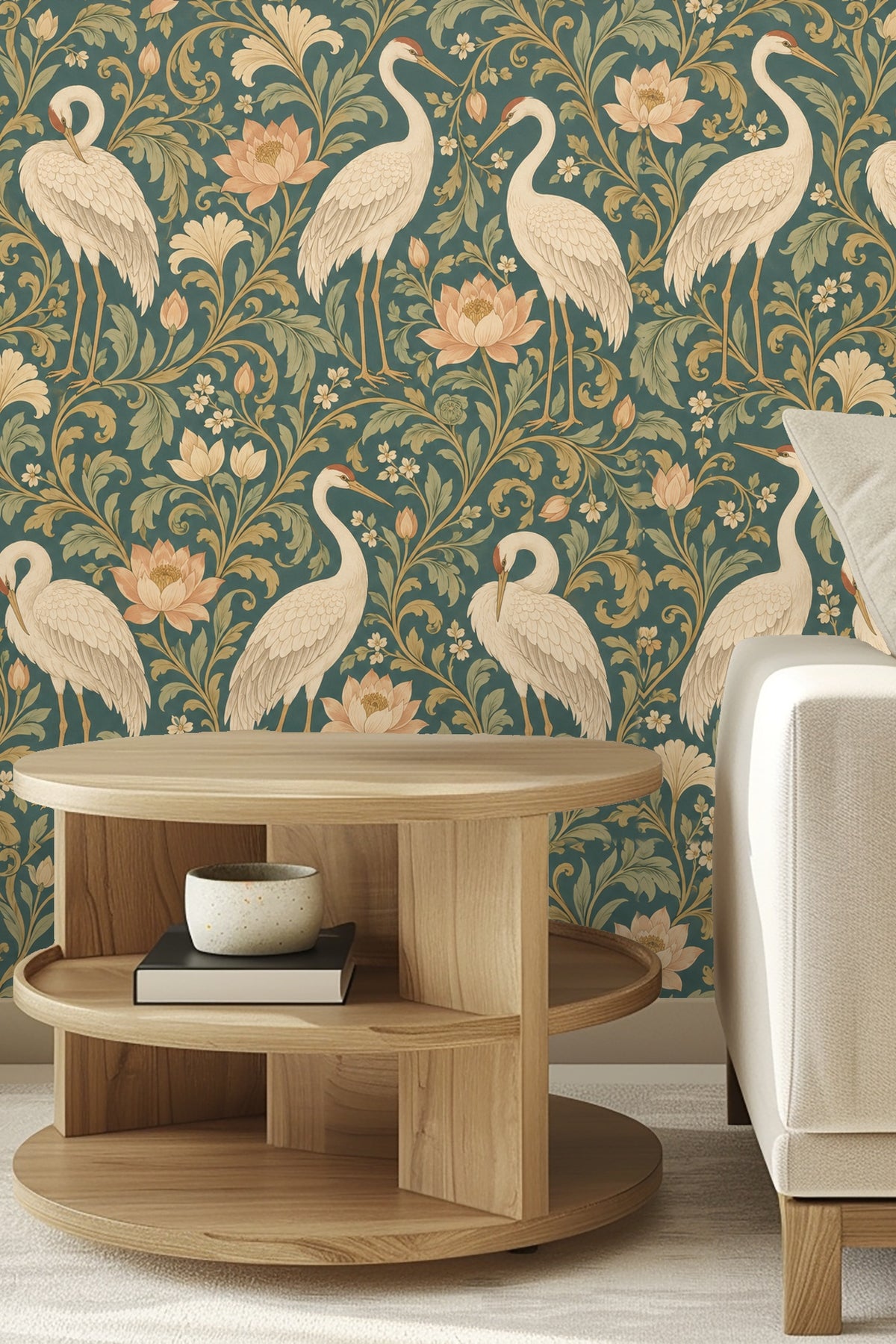 Cozy entryway with arched mirror framed by wallpaper with cream cranes and floral motifs