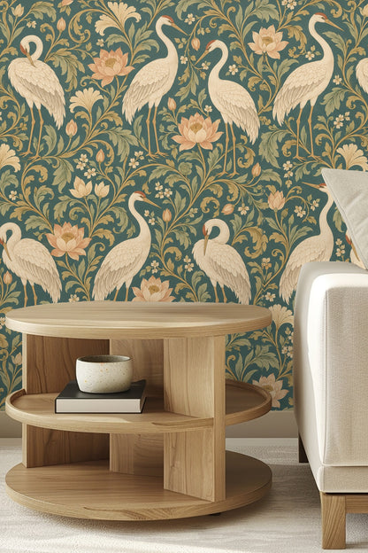 Cozy entryway with arched mirror framed by wallpaper with cream cranes and floral motifs