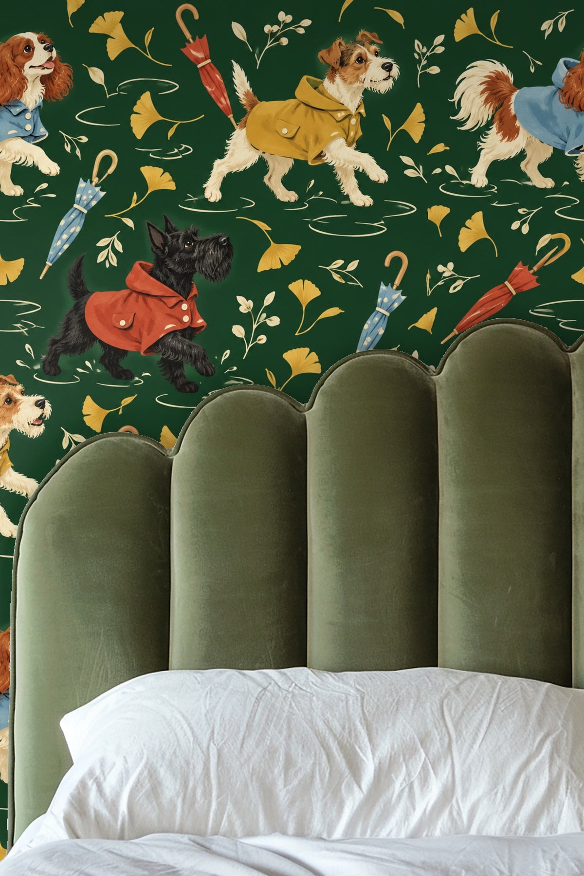 Detail of dog in mustard raincoat on wallpaper with umbrella and leaves