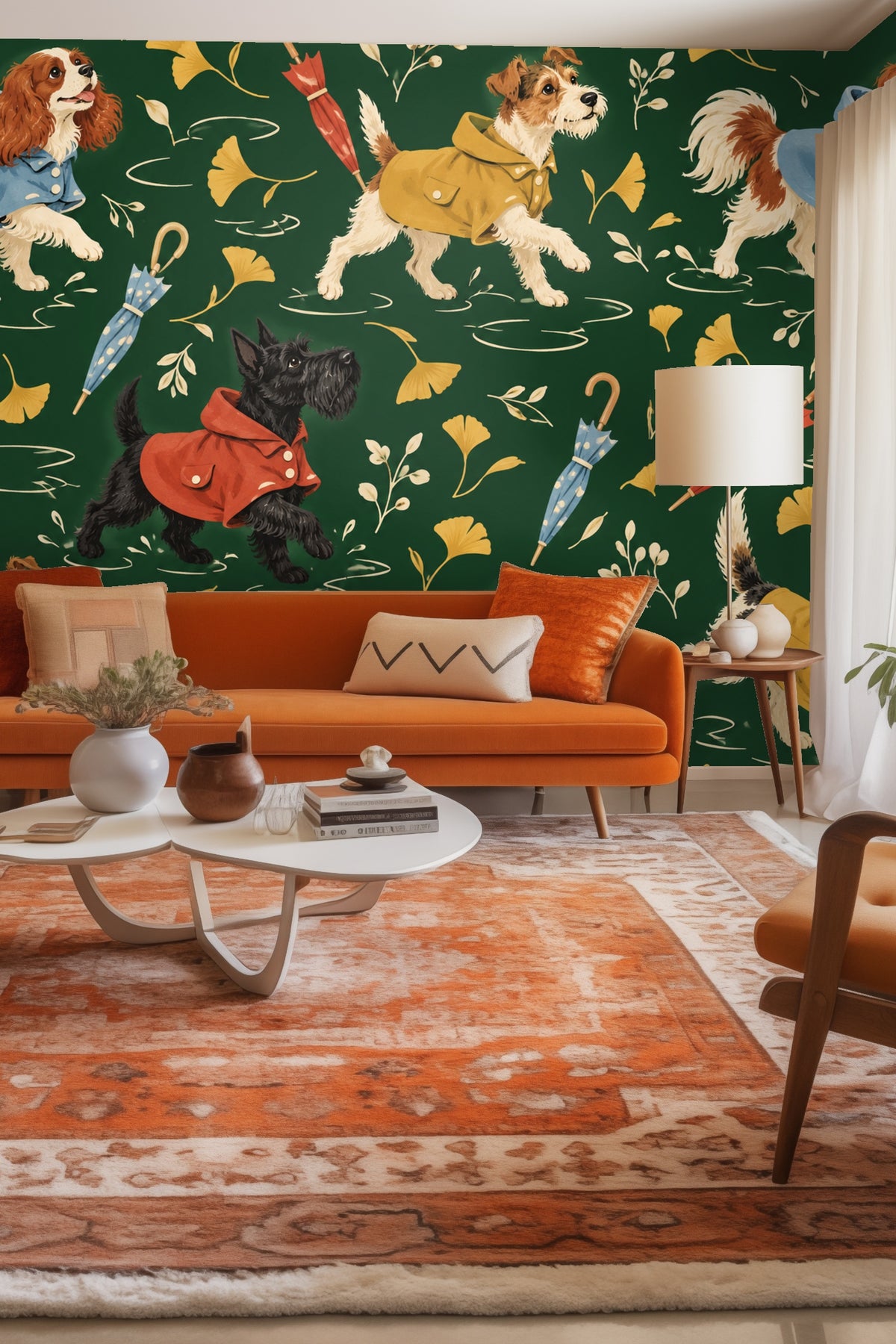 Wallpaper artwork with dogs in colorful raincoats against green background with ginkgo leaves and umbrellas