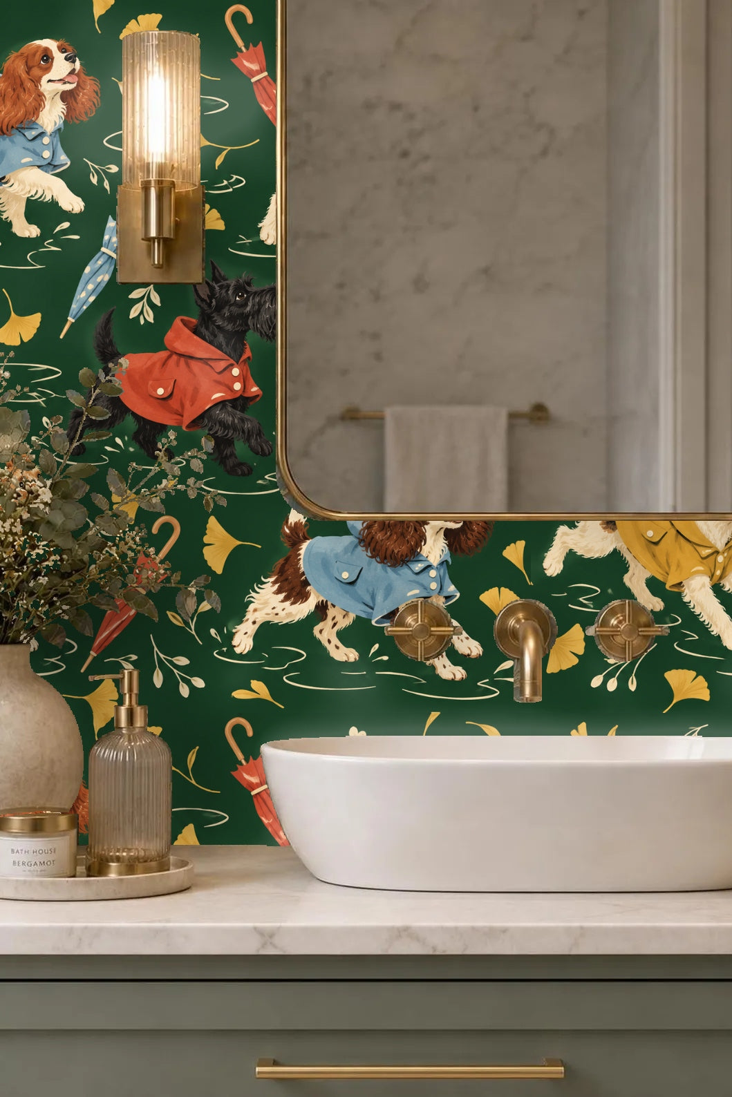 Laundry room wall showing wallpaper with playful dogs in raincoats near washer and dryer