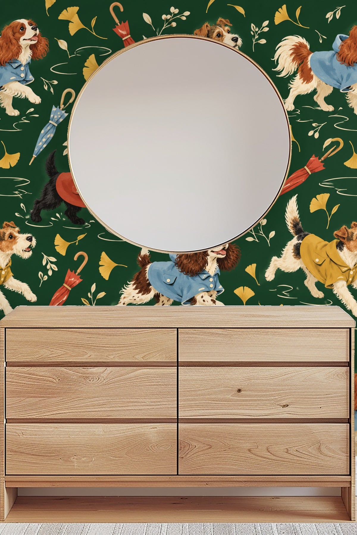 Illustration of paw prints and puddle ripples around dogs on wallpaper