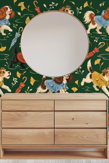Illustration of paw prints and puddle ripples around dogs on wallpaper